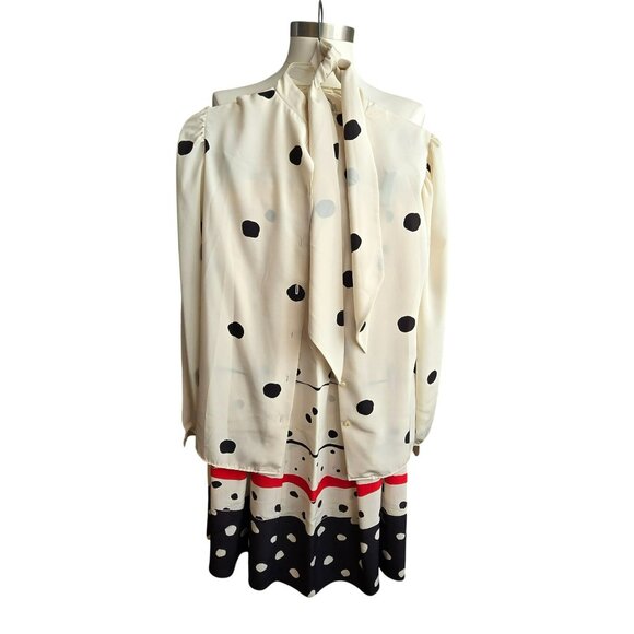 Jones New York Vintage Silk Polka Dot Blouse & Skirt Set Cream Black - Picture 1 of 10